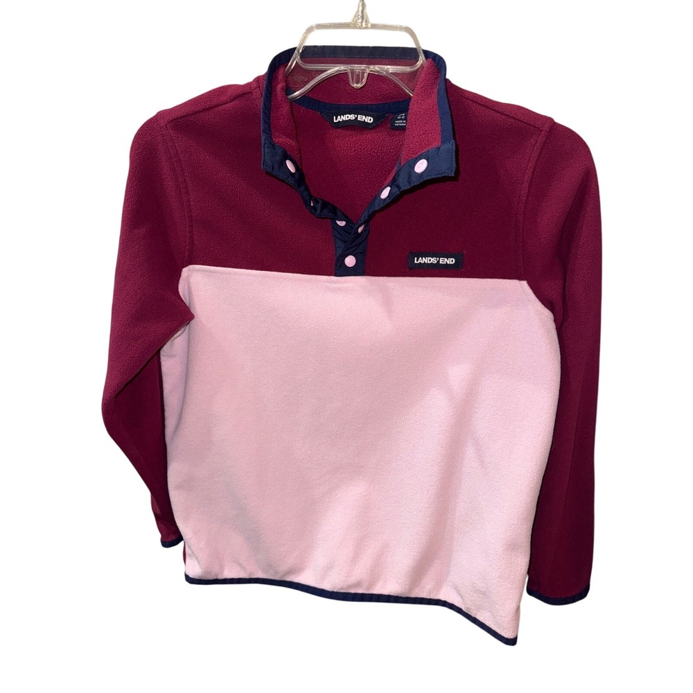 Lands End Kids Heritage Fleece Snap Neck Pullover purple pink colorblock M 10-12